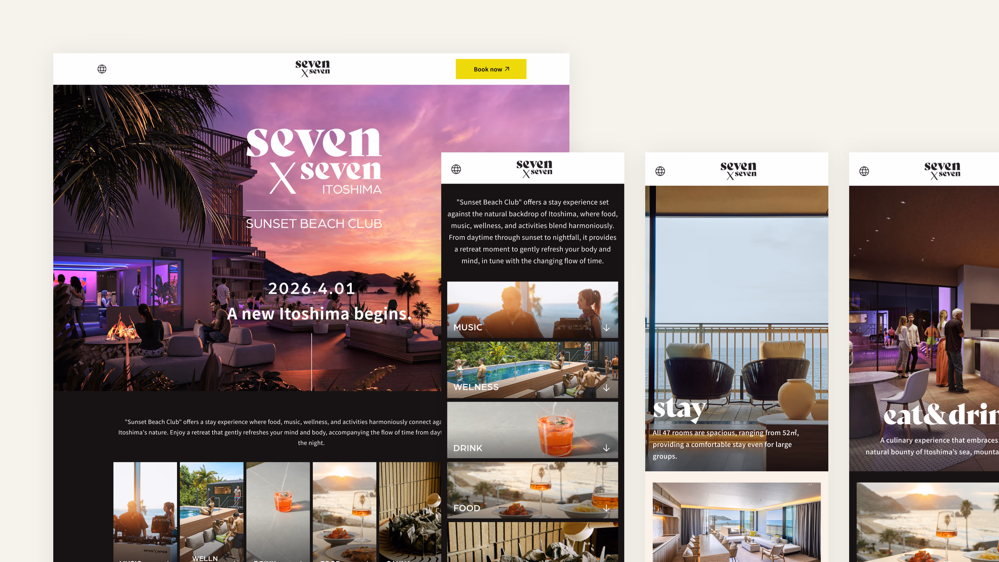 seven x seven 糸島 リニューアル — 写真とタイポグラフィで、リニューアルしたホテルの魅力を伝える。